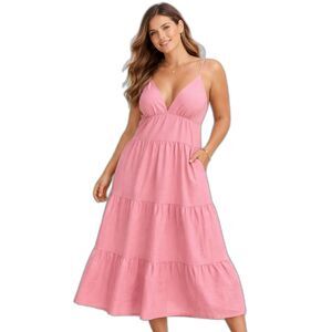 Cupshe Pink Tiered Maxi Dress Medium Boho Flowy Sundress Adjustable Straps NWT